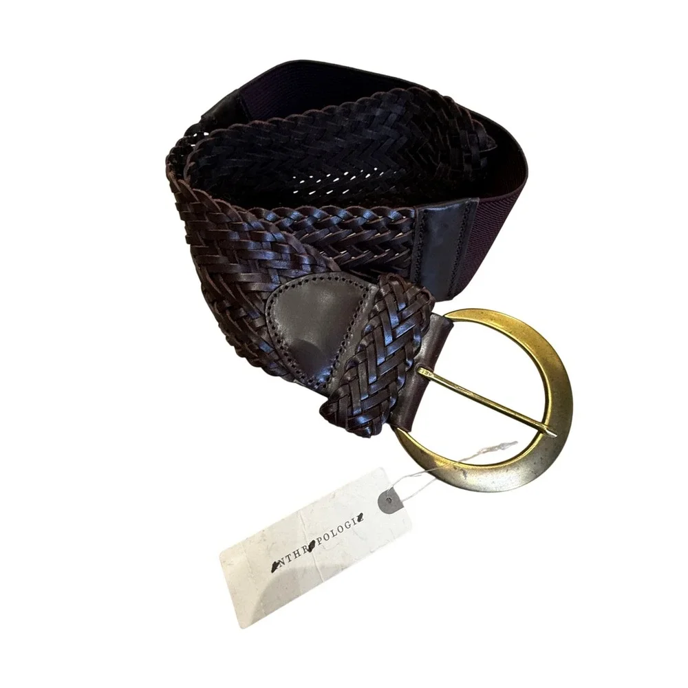 Anthropologie Woven Leather Elastic Waist Belt Brown Gold Buckle XS/S New